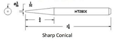 Hexacon HT281X Soldering Tip -  3/16 Sharp Conical  (for 22A, 26S, P26, 22H & 26H Irons) 
